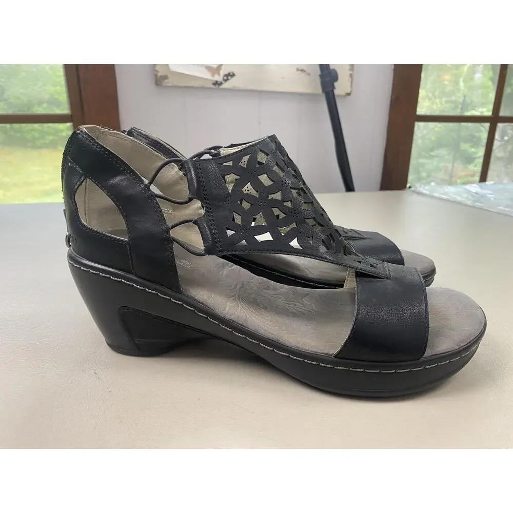 JBU Wedge Sandals Womens 11 Black Vegan Isla Zip Memory Foam Cutout Strappy